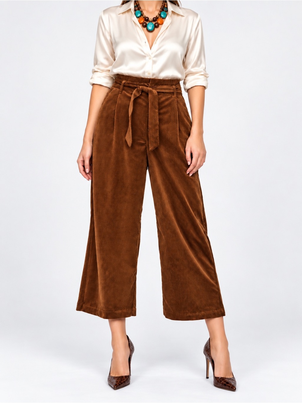 Soft Corduroy High-Waist Wide Leg Cropped Pants | Brown Tie Waist - Medium